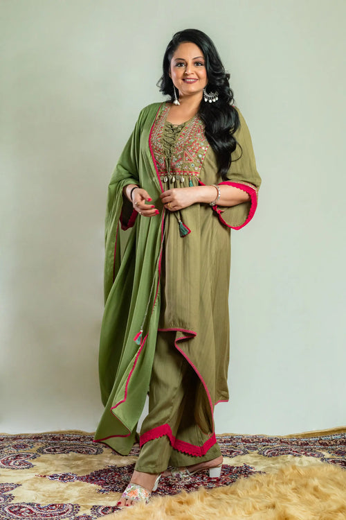 Moss Green Color Cotton Banjara Suit Set