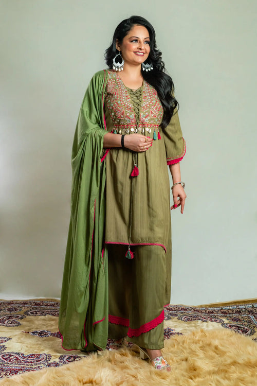 Moss Green Color Cotton Banjara Suit Set