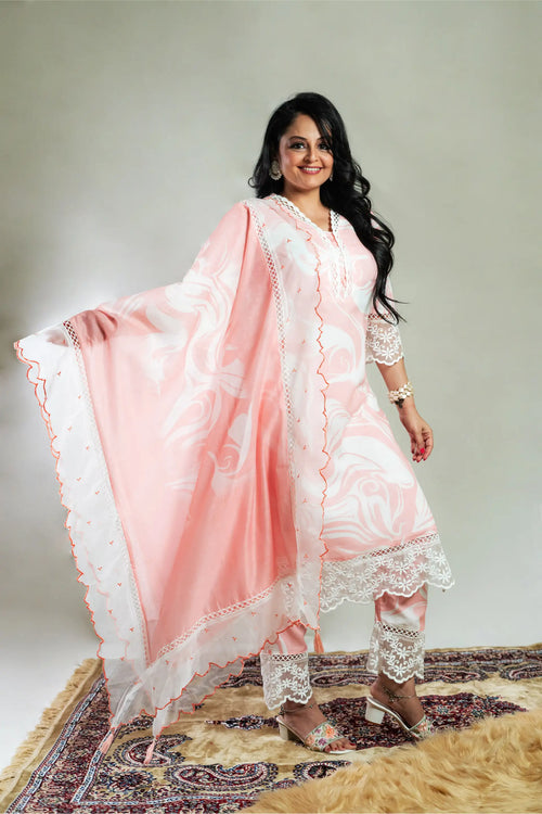 Pink & White Abstract Print Cotton Suit Set