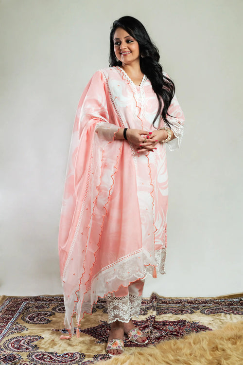 Pink & White Abstract Print Cotton Suit Set