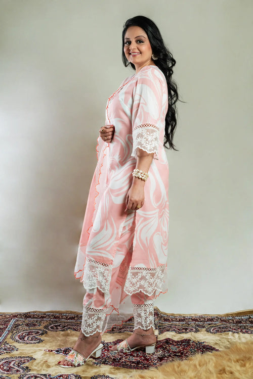 Pink & White Abstract Print Cotton Suit Set