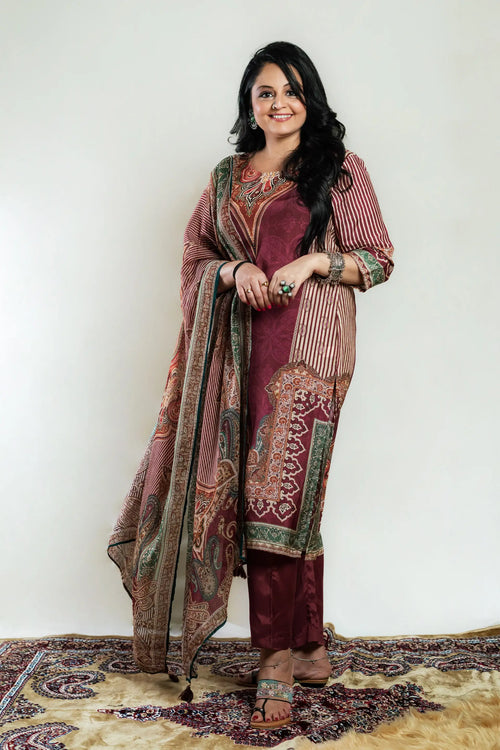 Plum Color Muslin Pakistani Straight Suit Set