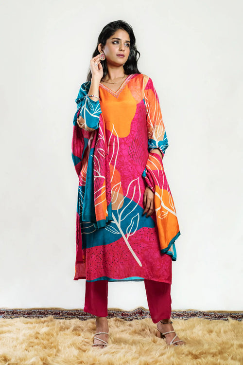 Multicolor Muslin Leaves Print Straight Suit Set