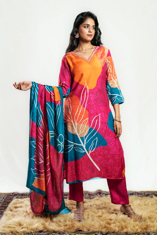 Multicolor Muslin Leaves Print Straight Suit Set