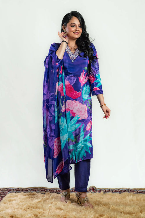 Purple Color Floral Crepe Straight Suit Set