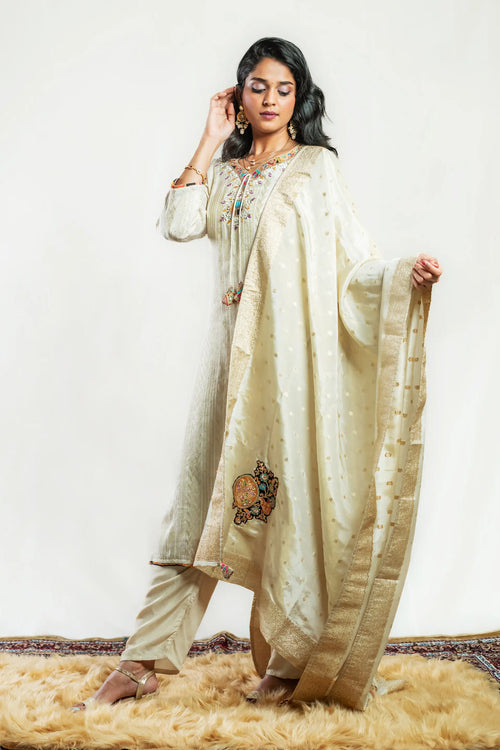 Gold Beige Color Tissue Silk Straight Suit Set