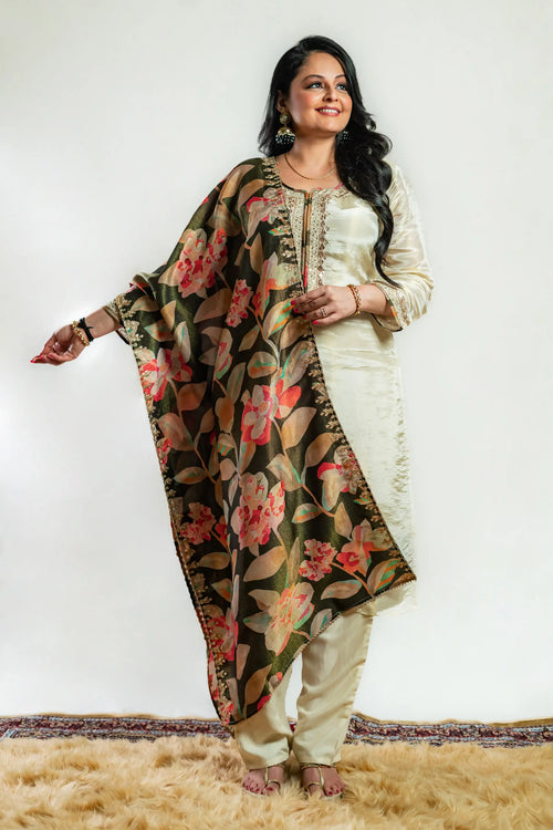 Gold Beige & Black Tissue Silk Straight Suit Set