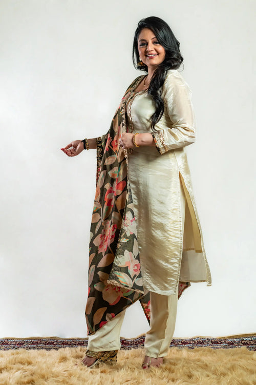 Gold Beige & Black Tissue Silk Straight Suit Set