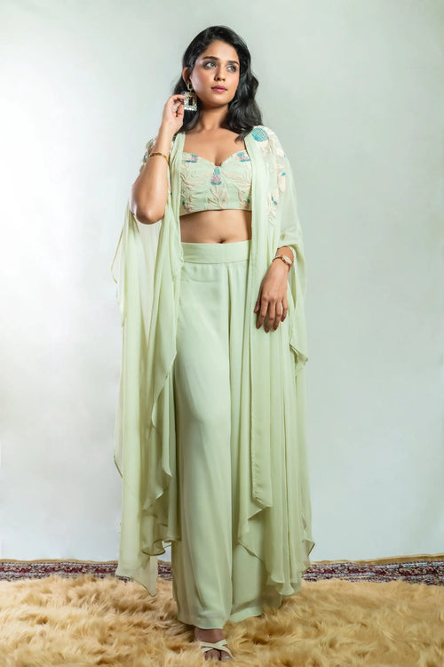 Tea Green Color Indo Western Bustier Palazzo Set