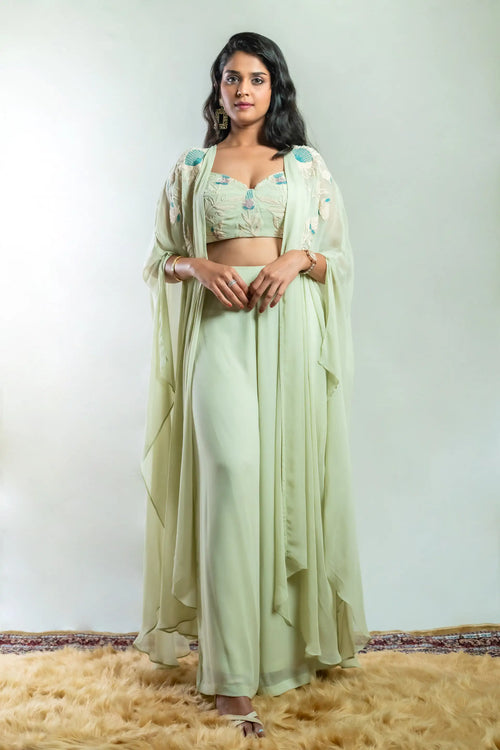 Tea Green Color Indo Western Bustier Palazzo Set