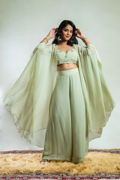 Tea Green Color Indo Western Bustier Palazzo Set