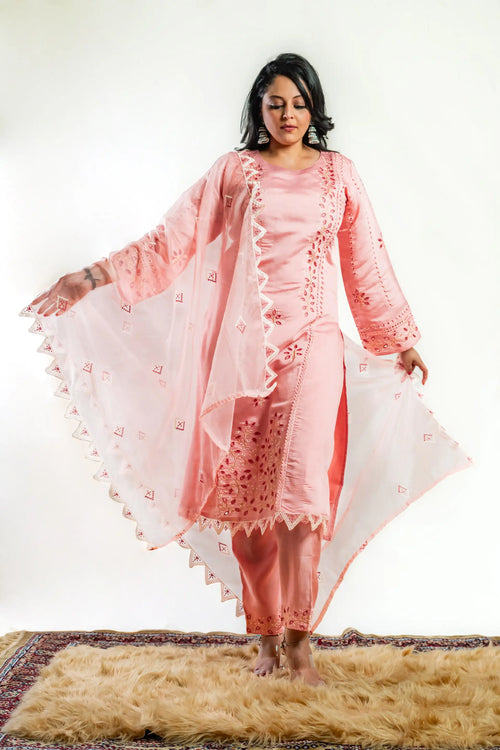 Flamingo Pink Cotton Cut Work Straight Suit Set