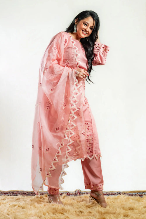 Flamingo Pink Cotton Cut Work Straight Suit Set