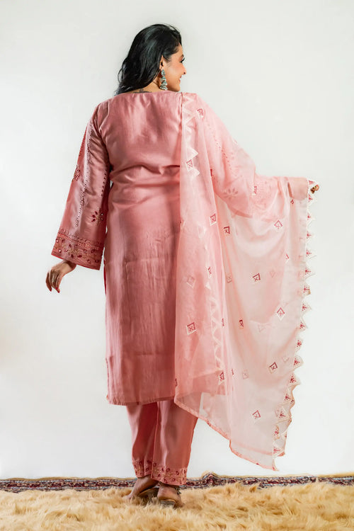 Flamingo Pink Cotton Cut Work Straight Suit Set