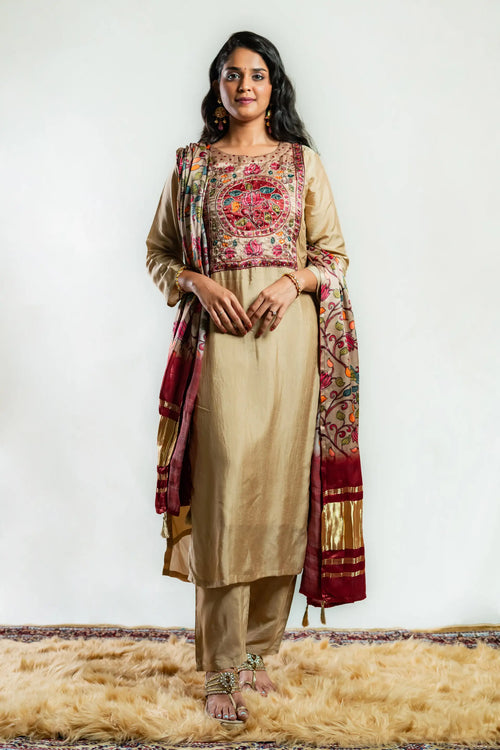 Gold Brown Pichwai Print Straight Suit Set