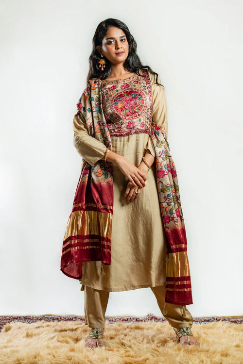 Gold Brown Pichwai Print Straight Suit Set