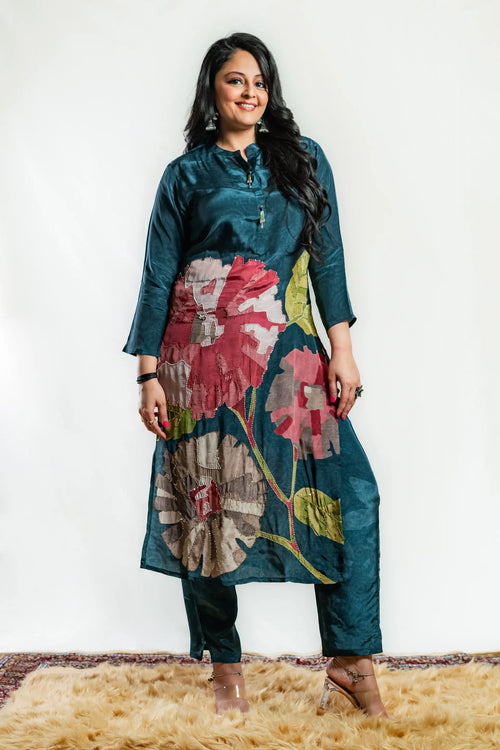 Navy Blue Crepe Fabric Printed Striaght Kurta Set