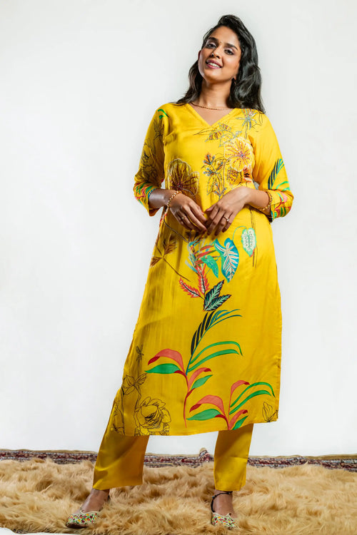 Sunny Yellow Muslin Wildflower Print Kurta Set