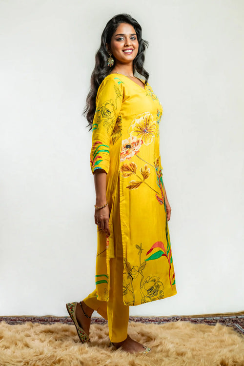 Sunny Yellow Muslin Wildflower Print Kurta Set