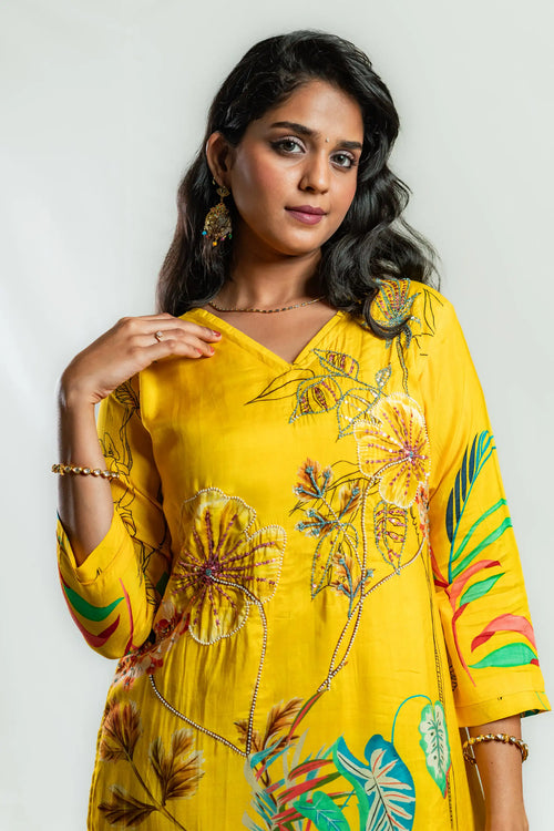 Sunny Yellow Muslin Wildflower Print Kurta Set