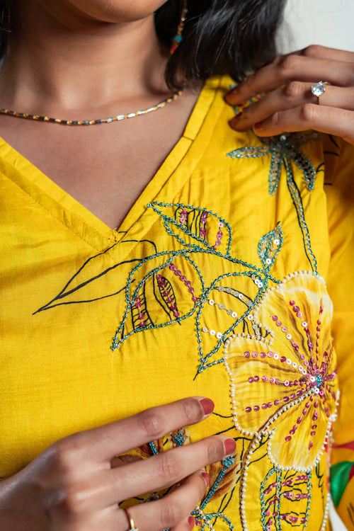 Sunny Yellow Muslin Wildflower Print Kurta Set