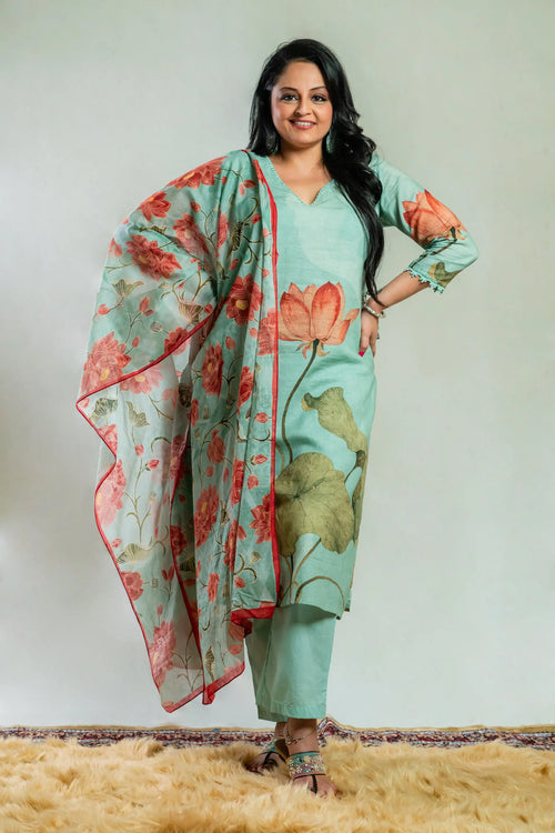 Light Green Linen Lotus Print Straight Kurta Set