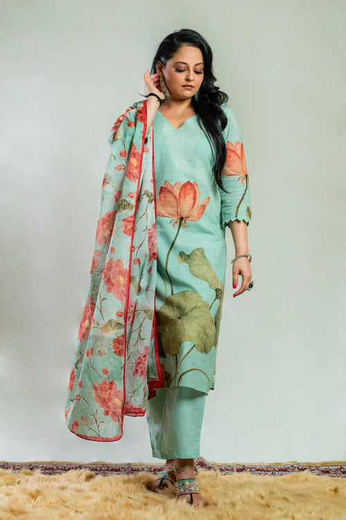 Light Green Linen Lotus Print Straight Kurta Set