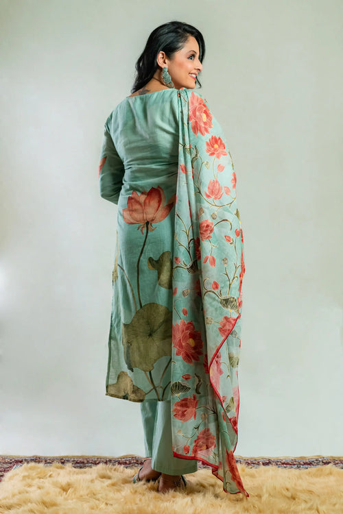 Light Green Linen Lotus Print Straight Kurta Set