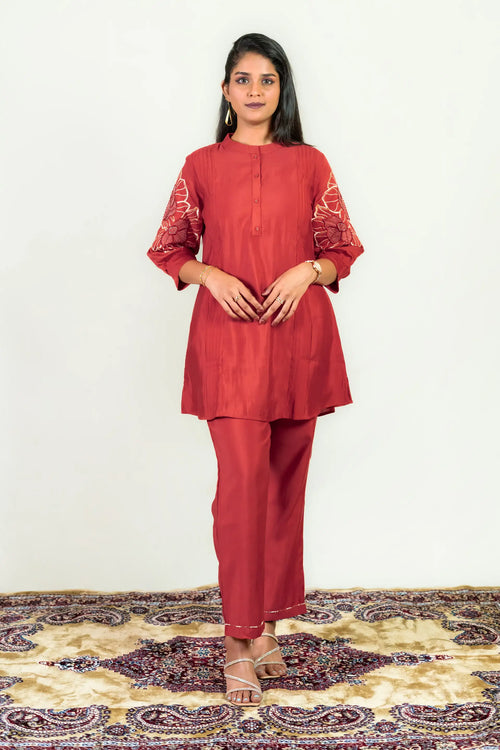 Warm Red Roman Silk Embroidered Co-ord Set