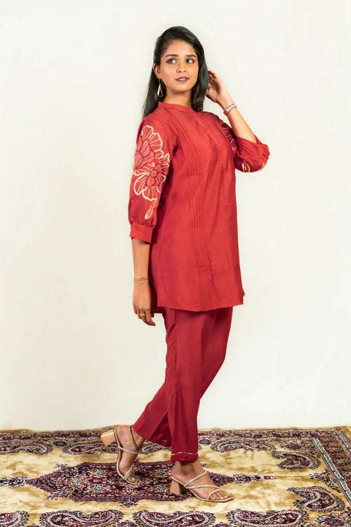 Warm Red Roman Silk Embroidered Co-ord Set