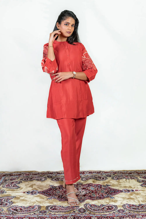 Warm Red Roman Silk Embroidered Co-ord Set