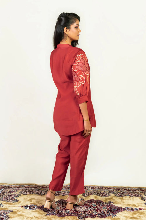 Warm Red Roman Silk Embroidered Co-ord Set