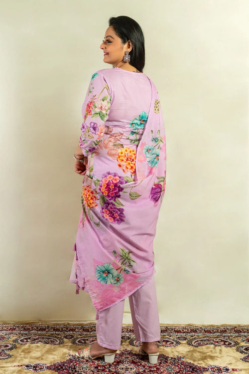 Lavender Cotton Floral Print Straight Suit Set